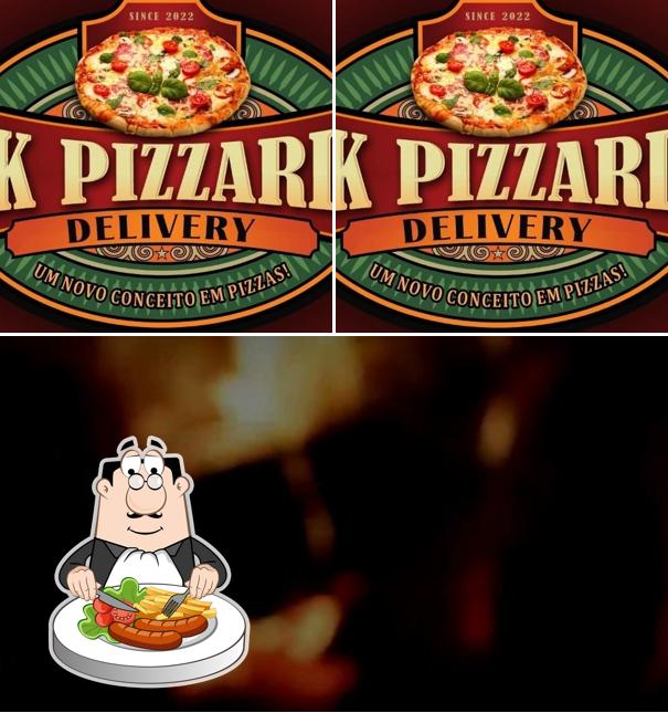 Dê uma olhada a ilustração apresentando comida e exterior no JK Pizzaria Delivery