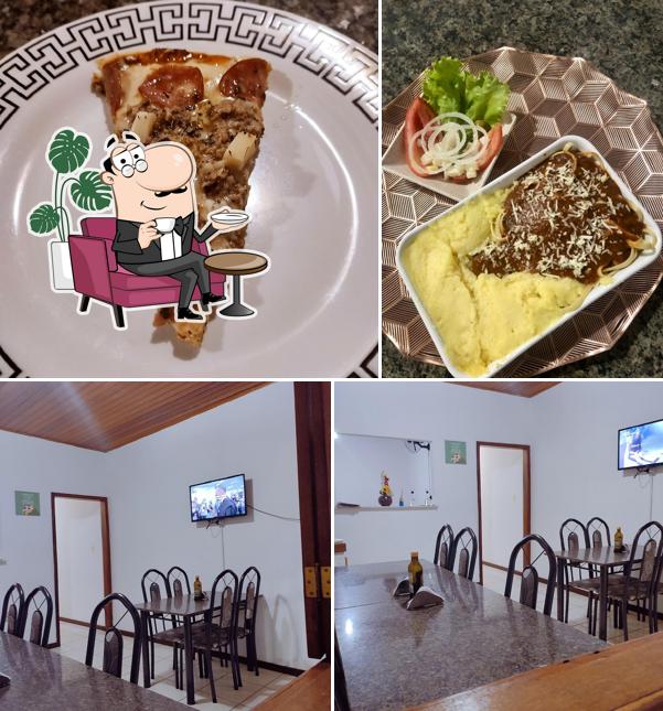 Confira a ilustração apresentando interior e comida a Erley Pizzaria