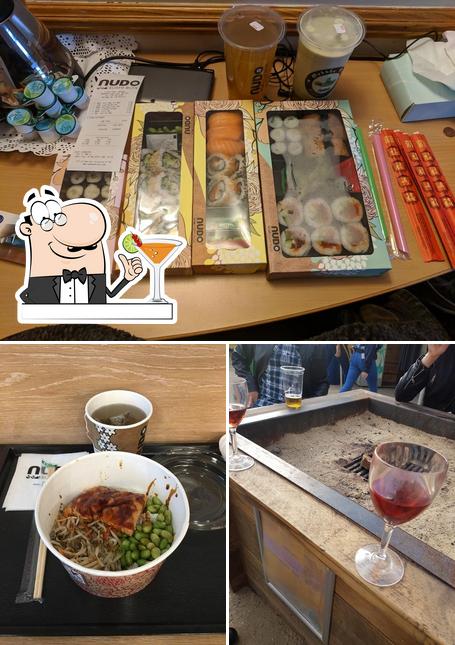 This is the image showing drink and food at Nudo Sushi Box