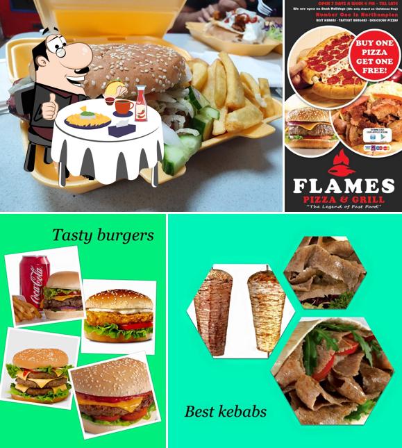 Order a burger at Flames Pizza & Grill