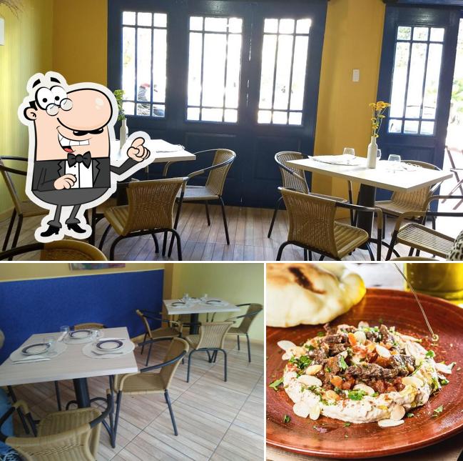 Confira a ilustração apresentando interior e comida no Restaurante Tabule