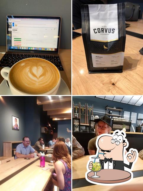 Among different things one can find drink and dining table at Corvus Coffee Roasters