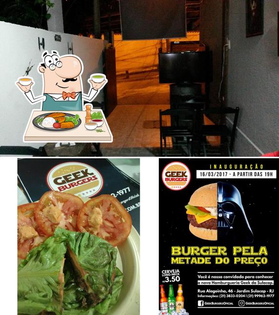 A ilustração da comida e interior no Geek burgers