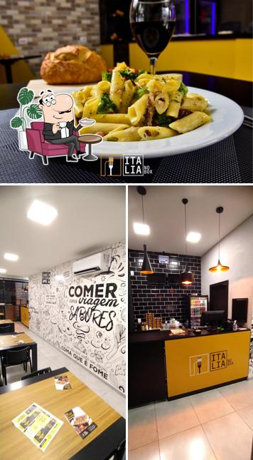 Confira a imagem mostrando interior e comida no Italia no Box Rio Branco