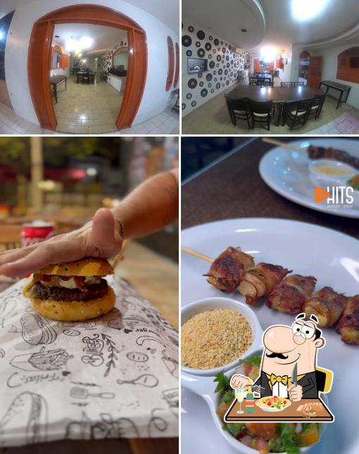 A ilustração da comida e interior no Hits Burger