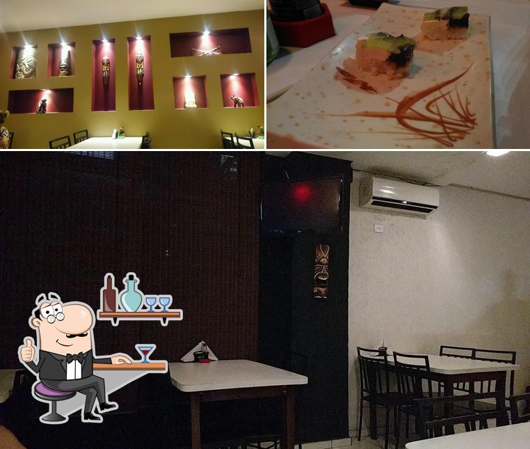Dê uma olhada a ilustração mostrando interior e comida no Jun Sushi Bar