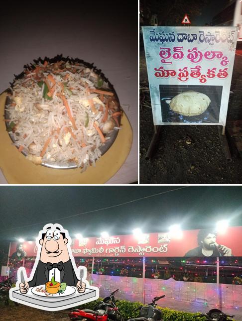 Take a look at the photo showing food and exterior at Meghana Dabha & family garden restaurant