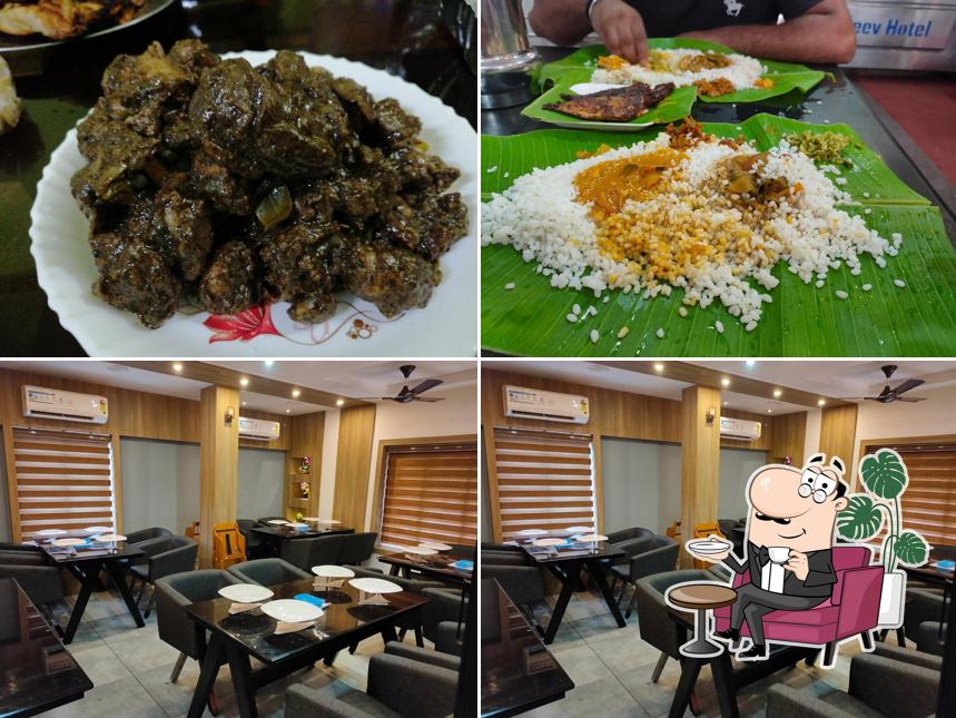 This is the image showing interior and food at RAJEEV HOTEL