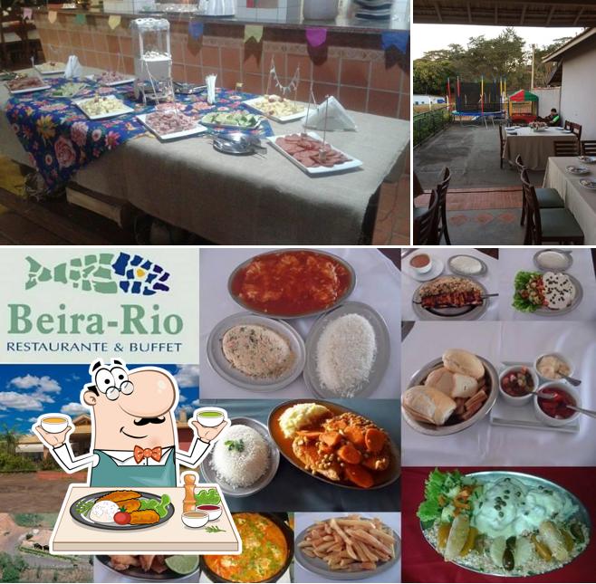 Confira a ilustração ilustrando comida e área de lazer no Beira Rio Restaurante e Buffet