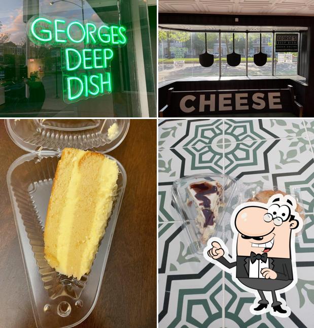 Observa las fotografías que muestran exterior y comida en George's Deep Dish