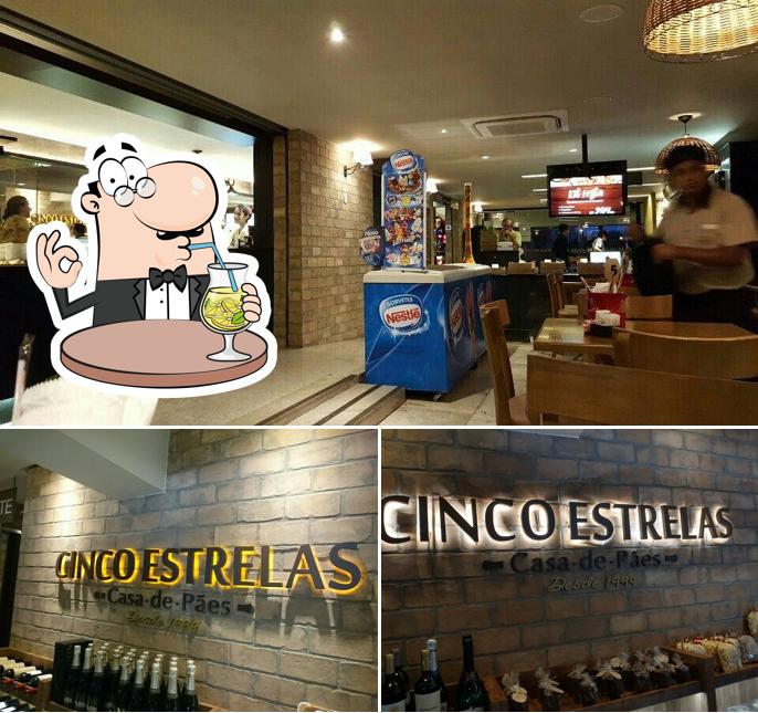Confira a ilustração mostrando bebida e interior no Cinco Estrelas Casa de Pães Guará I: Café, Lanche, Delivery Brasília DF