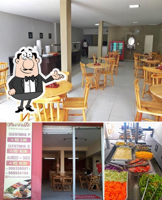 Dê uma olhada a ilustração mostrando interior e comida no Mandacaru restaurante