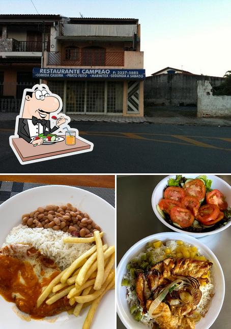 A ilustração da comida e exterior no Restaurante Campeão