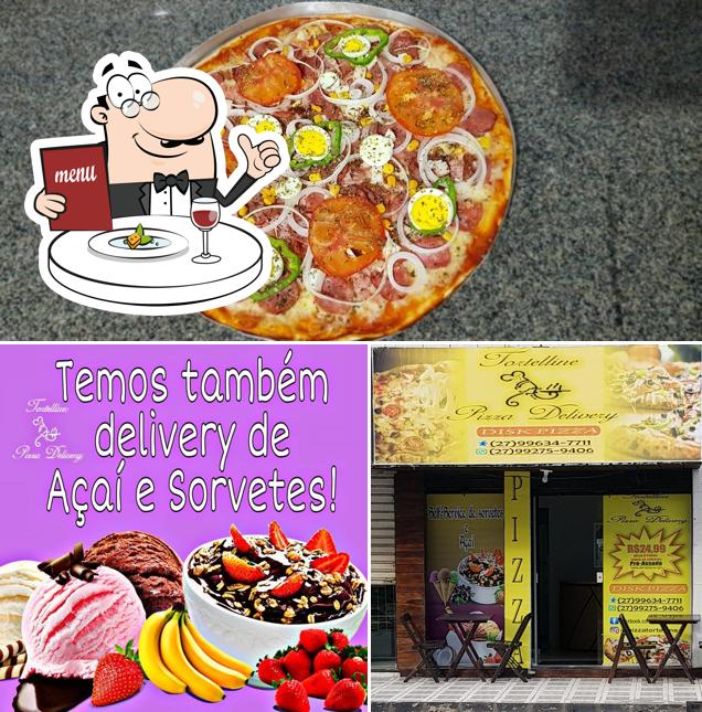 A ilustração da comida e interior no Tortelline pizza delivery