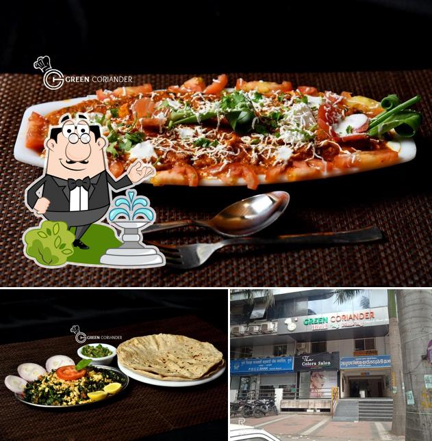 Take a look at the image depicting exterior and food at Green Coriander Non Veg Restaurant