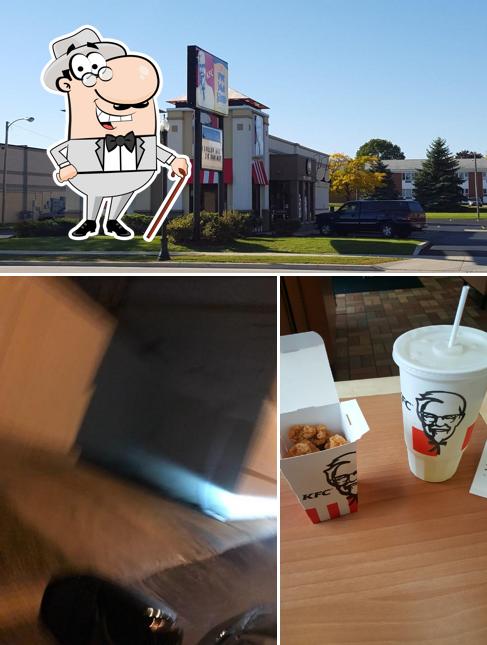 The photo of exterior and beverage at KFC