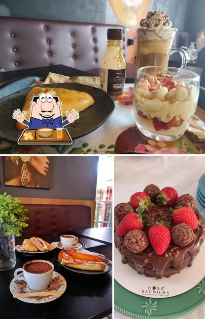Entre diferentes coisas, comida e bebida podem ser encontrados no Dona Baunilha Doceria São Carlos