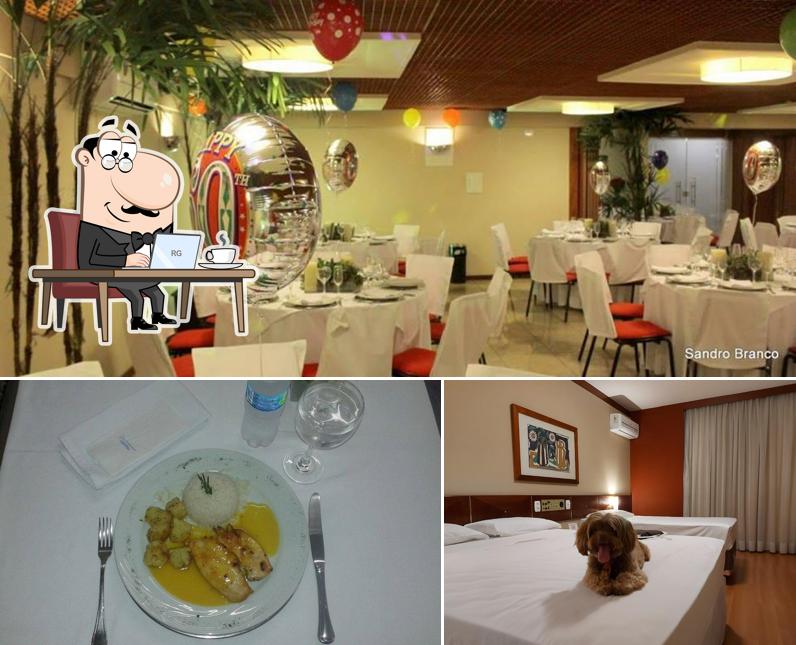 Entre diferentes coisas, interior e comida podem ser encontrados no Café Royal Hotel Crystal