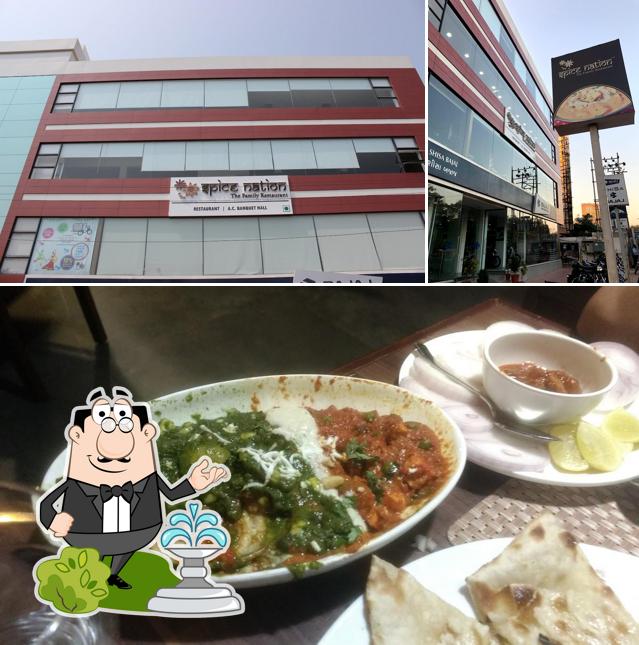 Take a look at the image showing exterior and food at Spice Nation