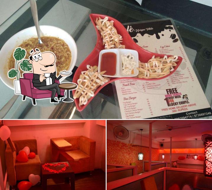The restaurant's interior and food
