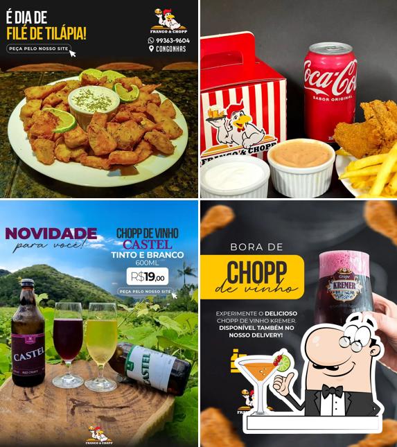 Dê uma olhada a imagem mostrando bebida e comida no Frango & Chopp