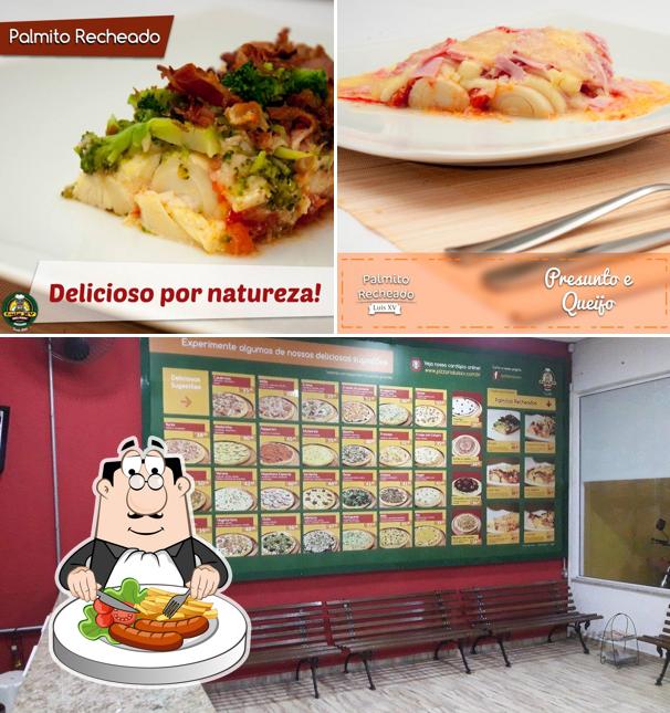 Esta é a ilustração apresentando comida e interior no Pizzaria Luís XV