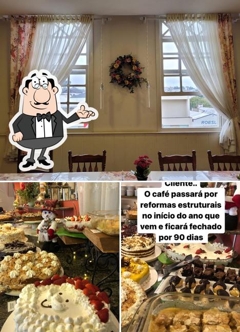 Confira a imagem ilustrando interior e comida no Café Colonial Doce Paraíso