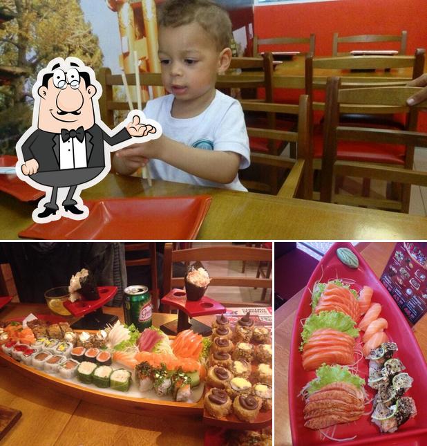 Esta é a foto mostrando interior e sushi no Sushi Hanshu