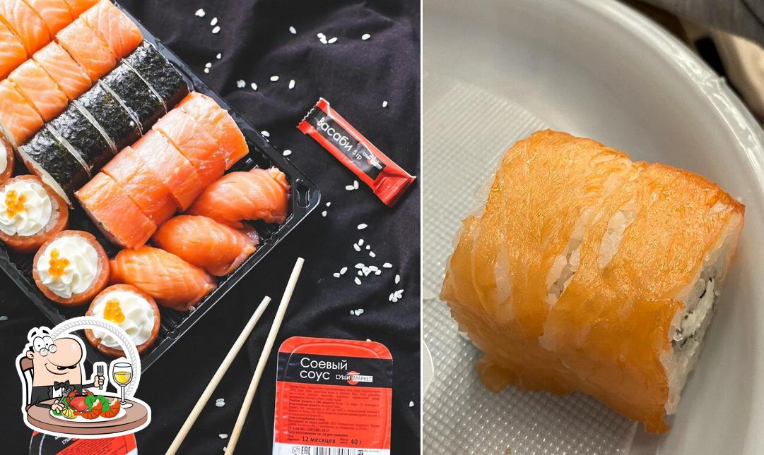 В "Суши-Маркет" вы можете заказать разные блюда с морепродуктами