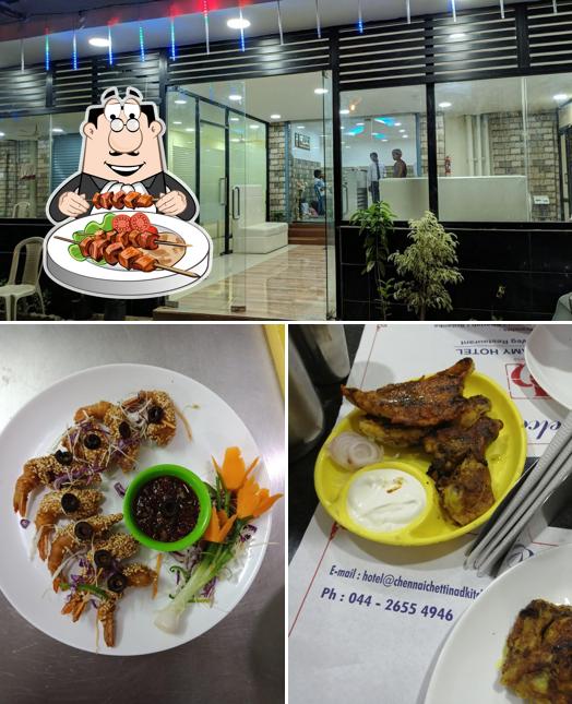 Check out the image showing food and interior at Ponnusamy Hotel