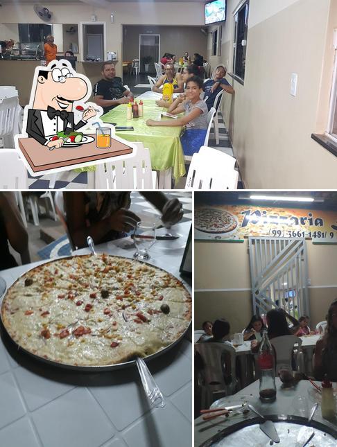 A ilustração a Pizzaria Dona Sônia’s comida e interior