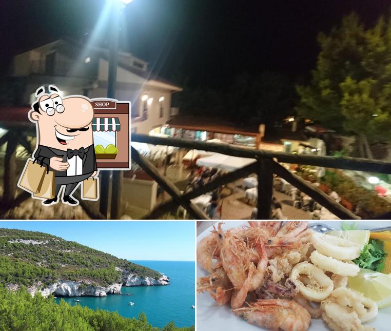 Это фотография, где изображены внешнее оформление и морепродукты в Trattoria Buenza