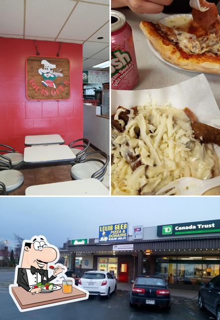 Parmi les différentes choses de la nourriture et la extérieur, une personne peut trouver sur Louis Gee's Pizza