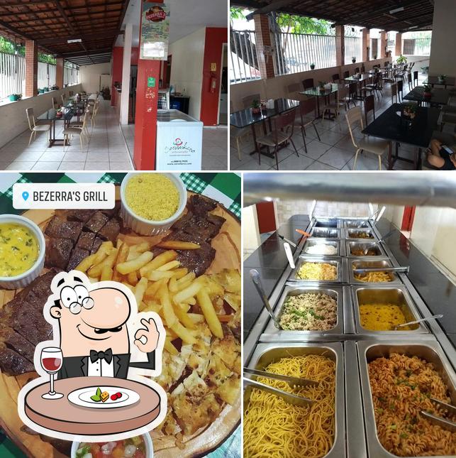 Dê uma olhada a ilustração apresentando comida e interior no Bezerra's grill restaurante