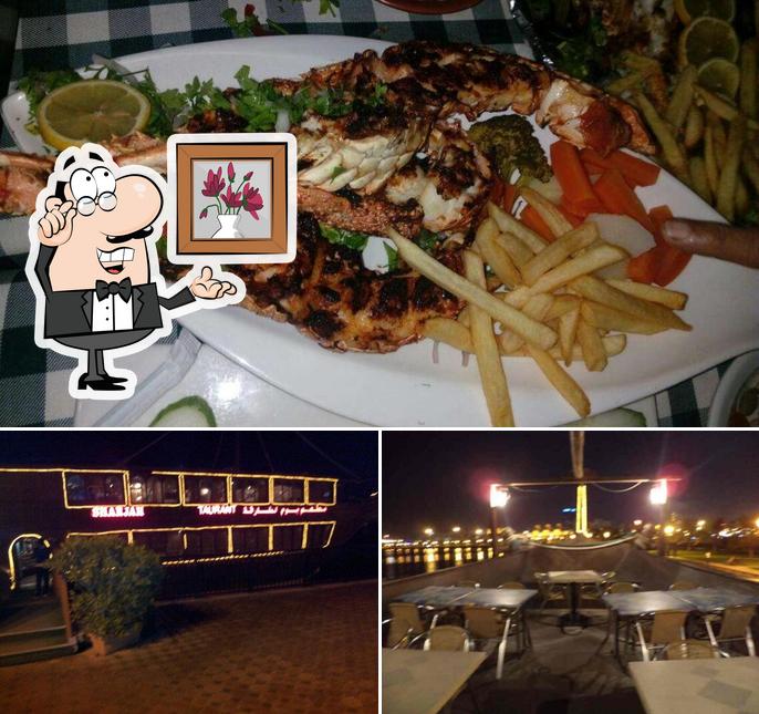 Among various things one can find interior and food at Sharjah Dhow Restaurant