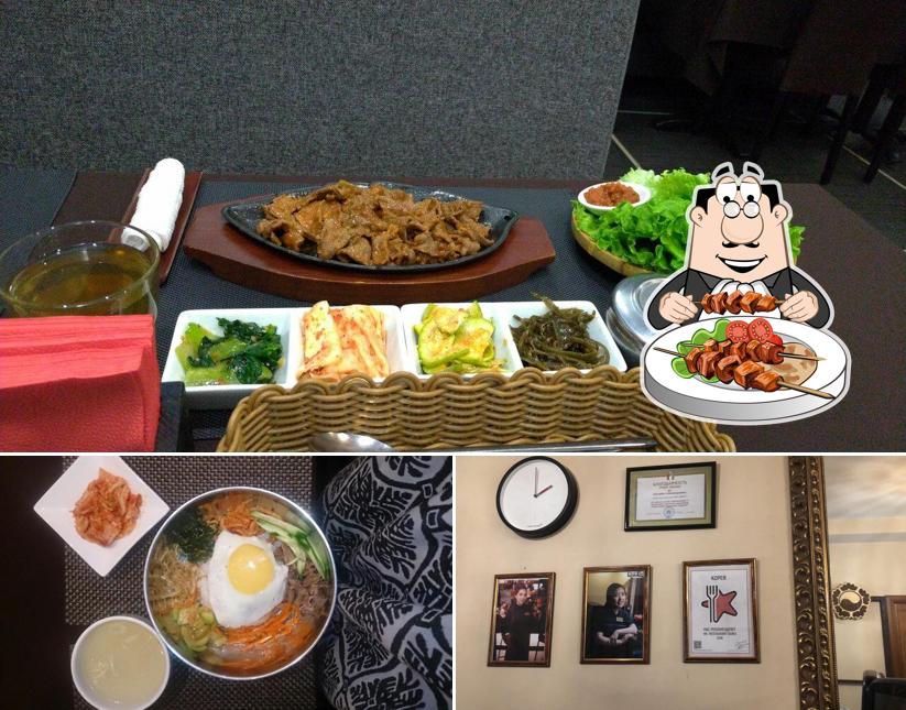 Посмотрите на это фото, где видны еда и внешнее оформление в Корея