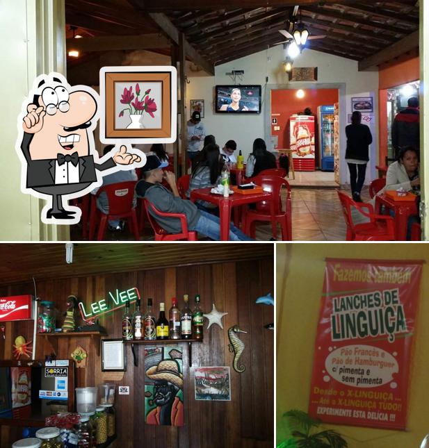 Dê uma olhada a ilustração ilustrando interior e comida no Lanches e pizzaria Lee Vee