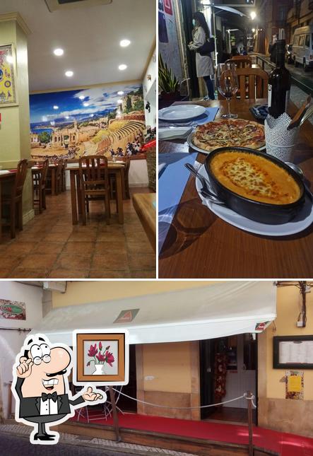 Esta é a ilustração mostrando interior e comida a O Siciliano - Restaurante e Pizzeria