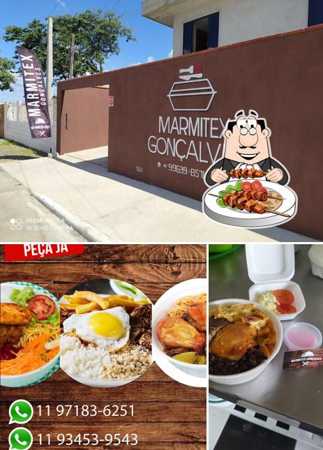 Confira a ilustração ilustrando comida e exterior no Marmitex Gonçalves