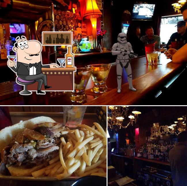 The image of bar counter and burger at The Bar Car