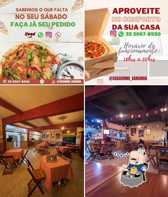 Dê uma olhada a ilustração mostrando comida e interior a Angioletto Pizzaria - Forno a Lenha