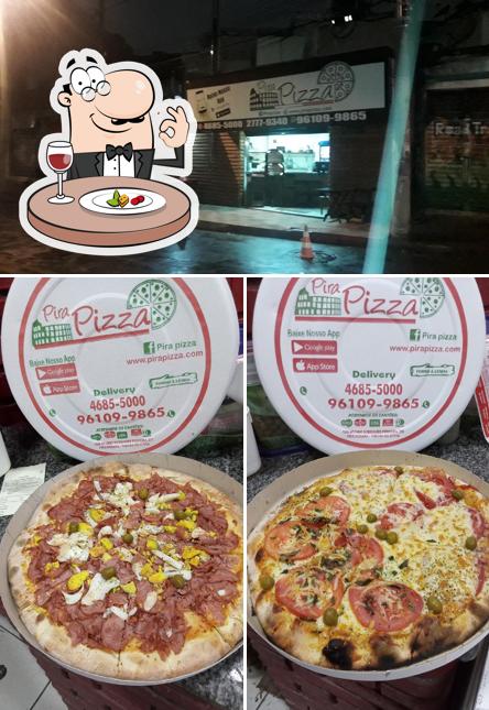 Esta é a imagem mostrando comida e exterior a Pizzaria Pira Pizza