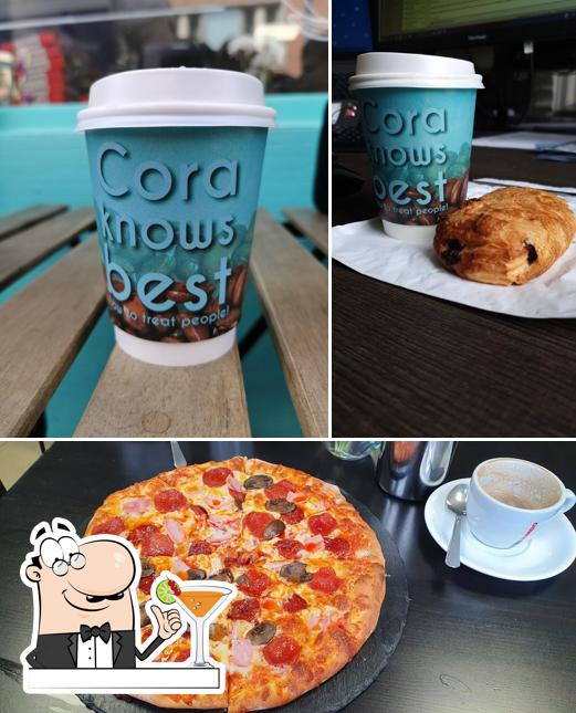 The photo of drink and pizza at Cora Knows Best