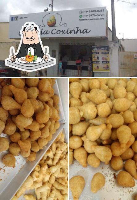 Dê uma olhada a ilustração ilustrando comida e exterior a Casa da coxinha