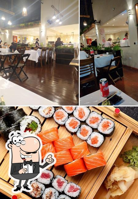 Confira a foto mostrando interior e sushi no Miyagi Sushi