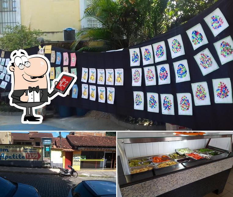 A ilustração do Restaurante Bom Apetite’s exterior e comida