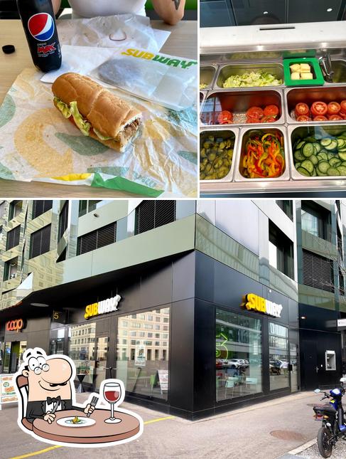 Guarda la immagine che mostra la cibo e esterno di Subway