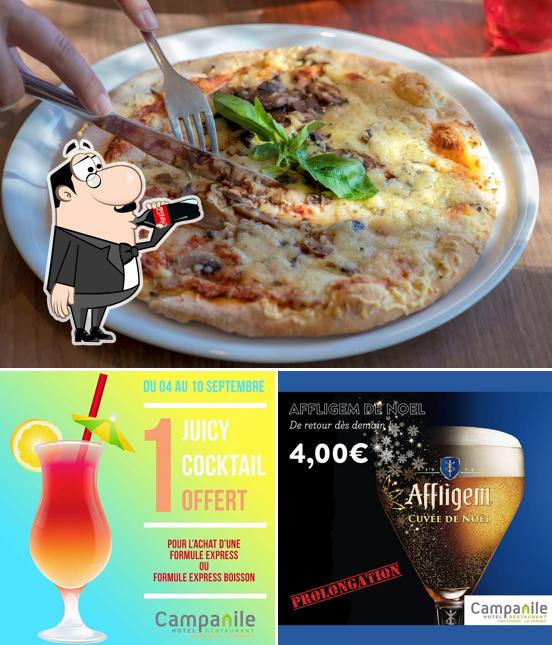 This is the photo showing drink and pizza at Hôtel Restaurant Campanile Montesson