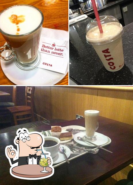 Take a look at the image displaying drink and interior at Costa Coffee