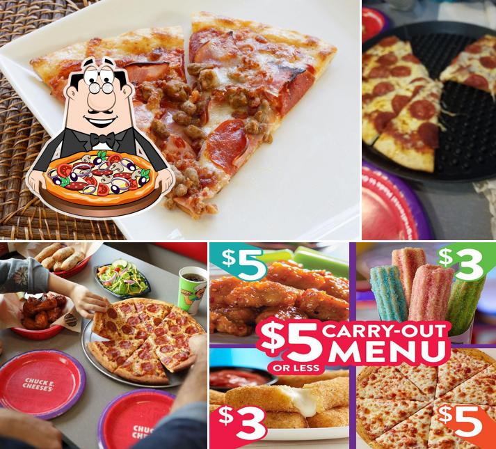 Get pizza at Chuck E. Cheese